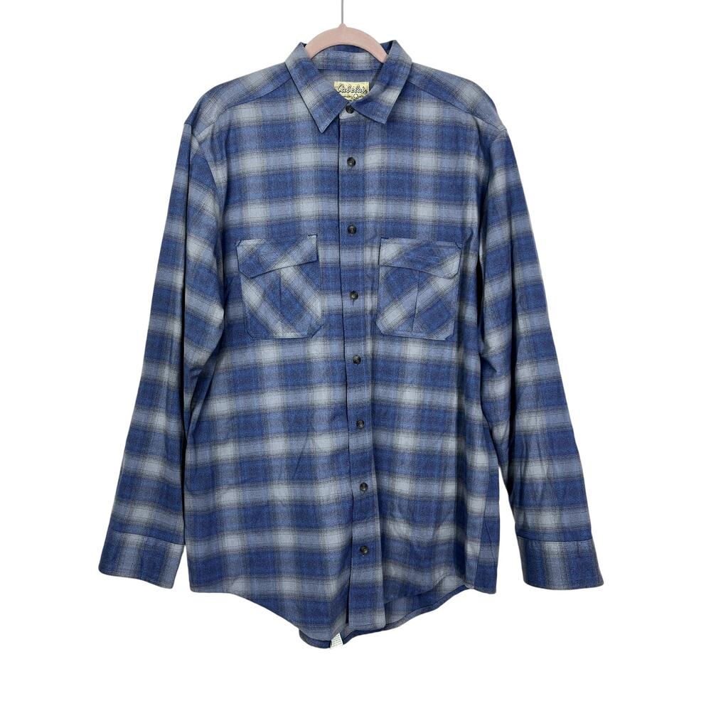 Mens Cabela's Blue Casual Warm Plaid Fleece Button Up Collared Long Sleeve Shirt